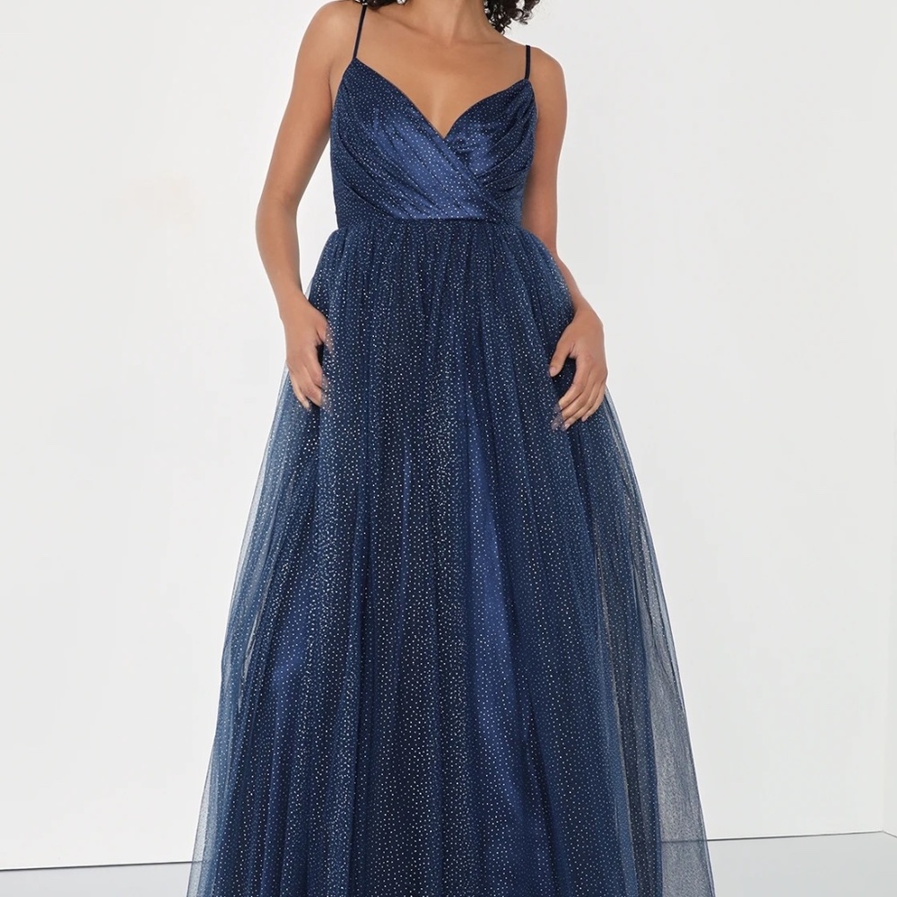 Spellbinding Beauty Navy Glitter Sleeveless Tulle Gown